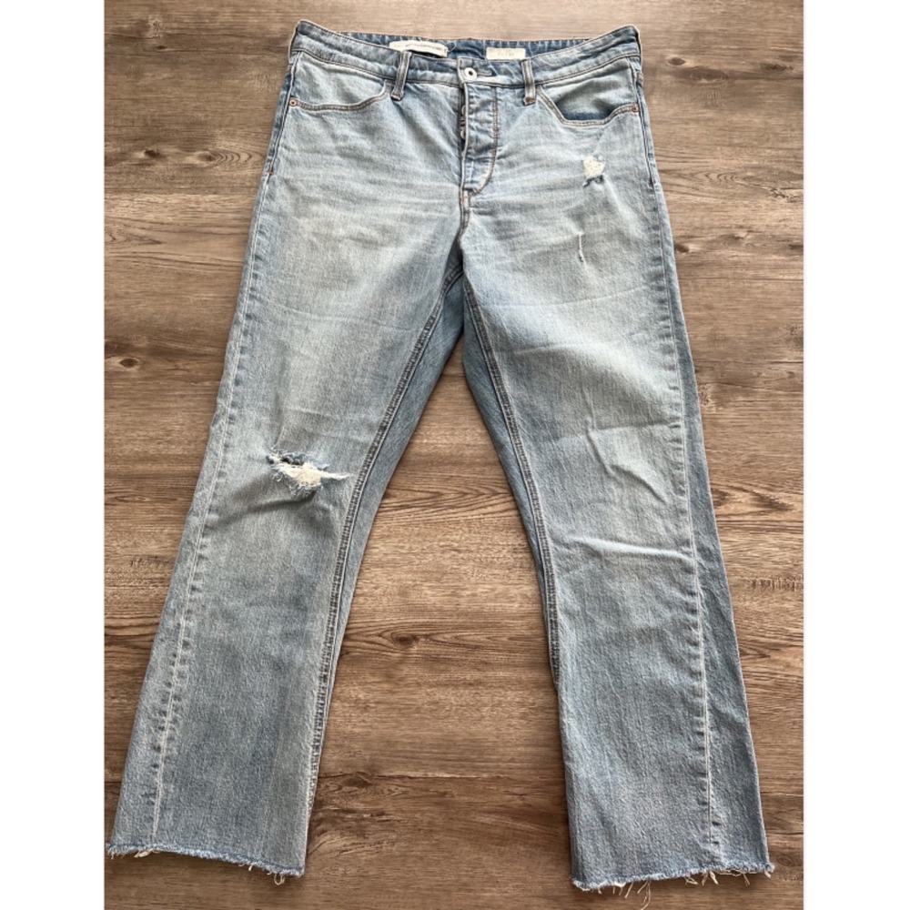Pilcro High Rise Crop Flare Jeans Womens 29 Distressed Raw Hem Button Fly